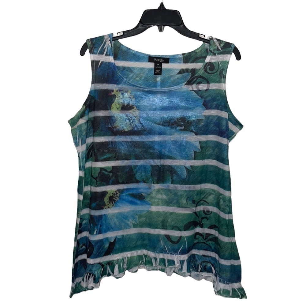 Style & Co. Women's Green Blue Abstract Lines Ruffled Sleeveless Top Size‎ 0X